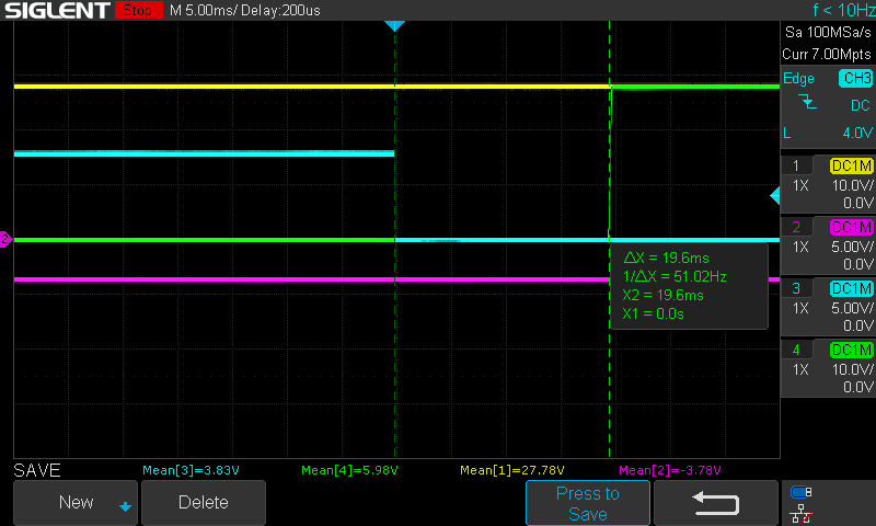 GaN Bias receive to transmit: Yellow = 28V, Blue = PTT, Green = Vdd, Purple = Vgg